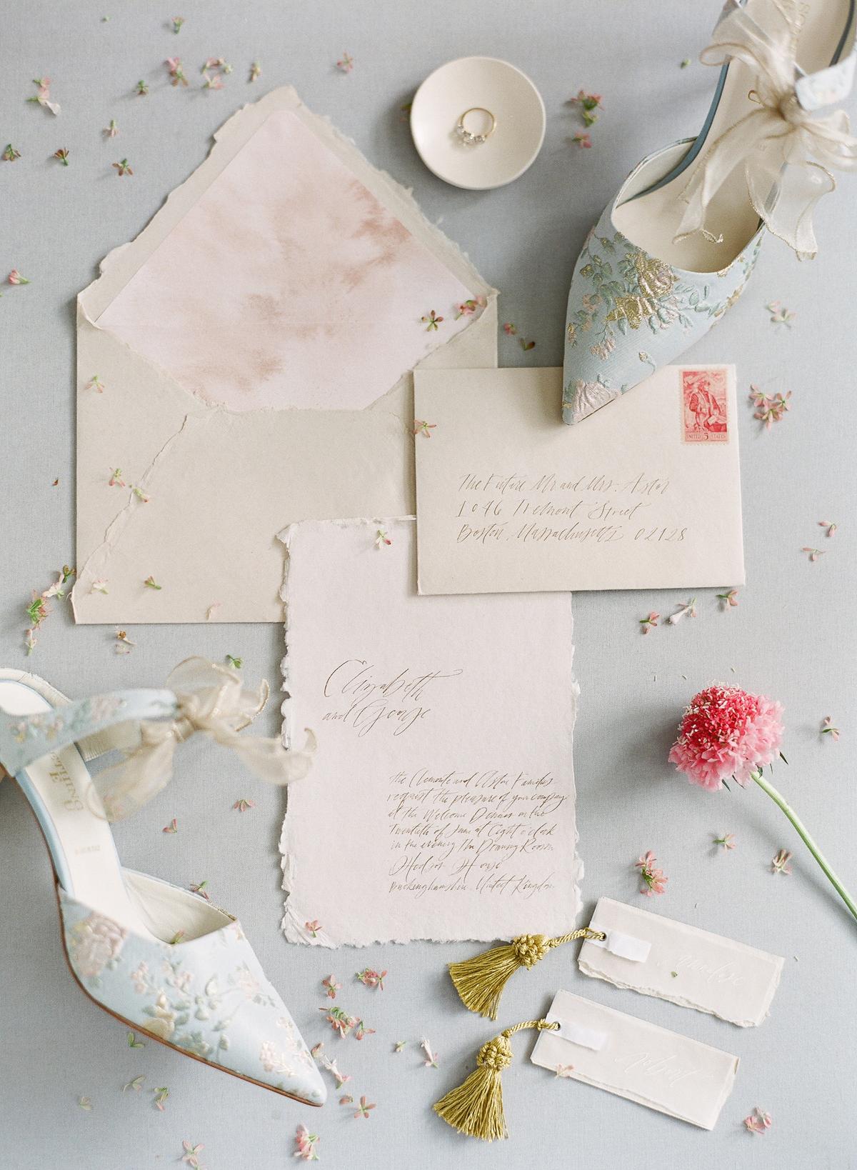 chinoiserie bridal heels with gossamer ribbon and Old World romantic wedding invitations with handwritten calligraphy; photography by Julie Livingston at an English country estate Hedsor House with planning and design by Willow and Oak Events