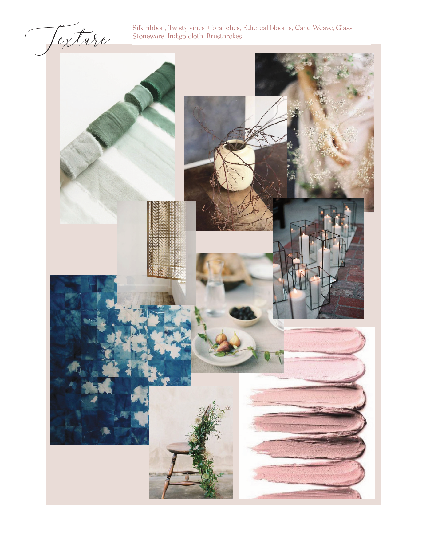 Charleston garden wedding texture inspiration with silk, wood, cane weave, stoneware, cloth and paint