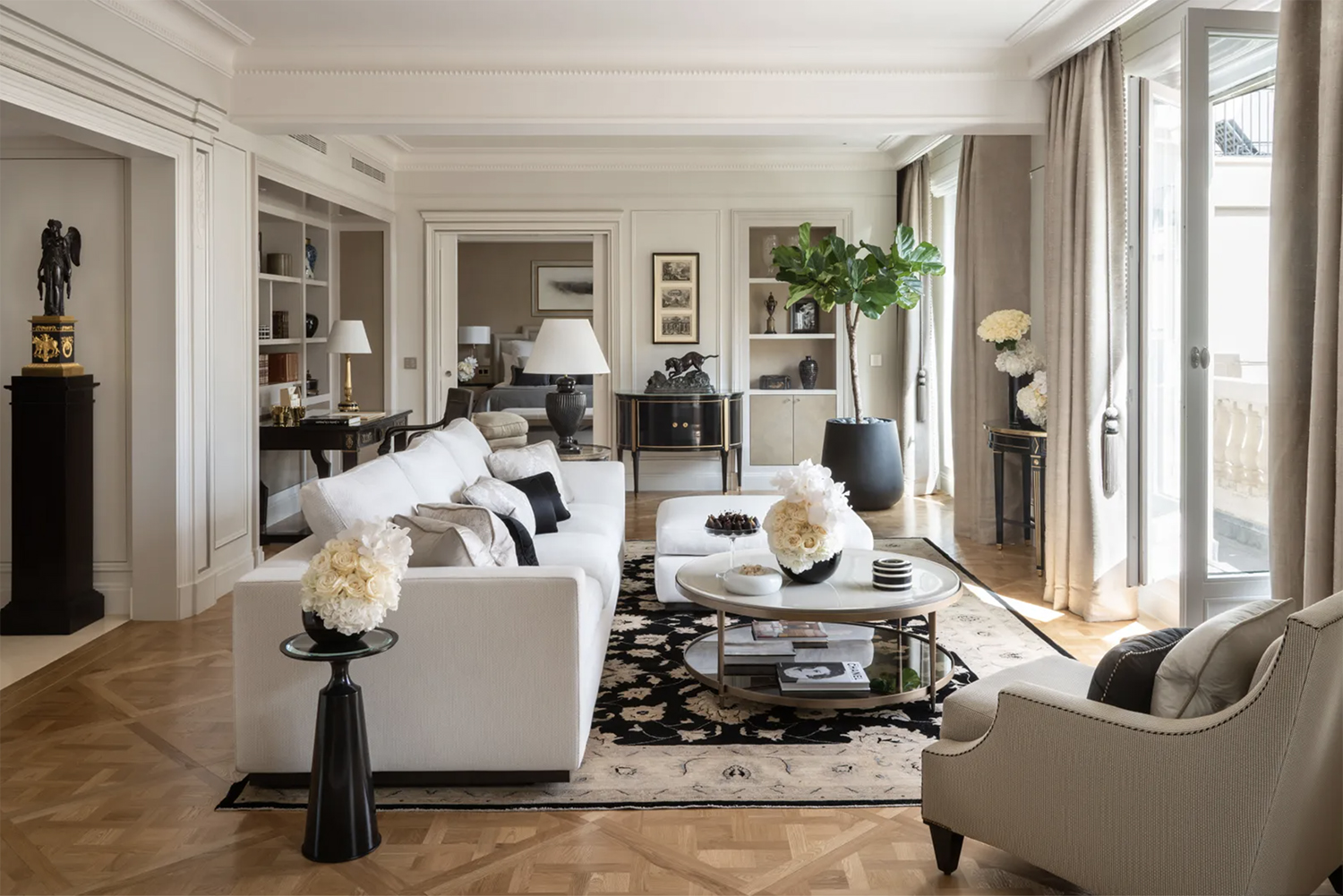 The black, white and green colored Parisian Suite at the Four Seasons Hotel George V Paris