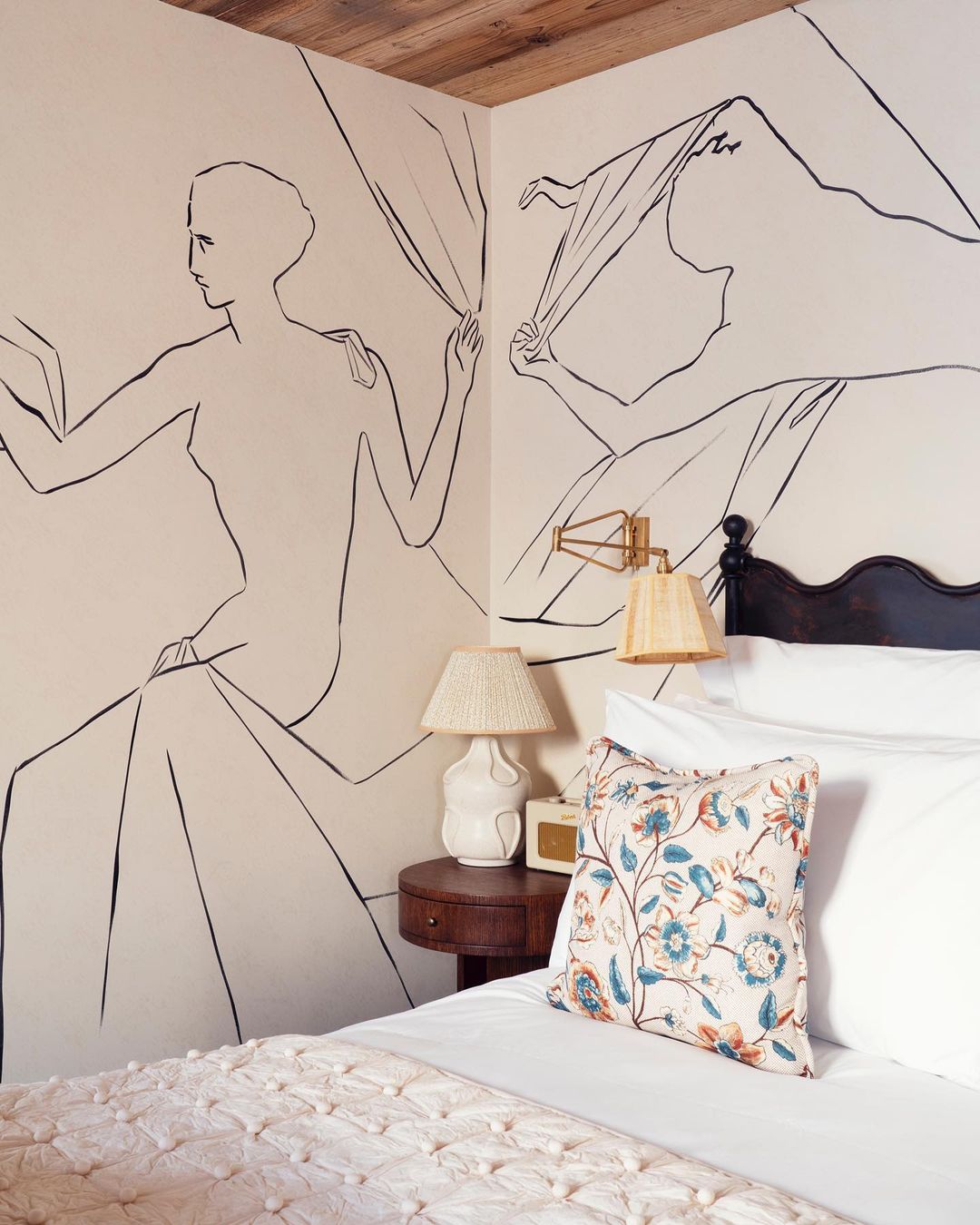 Jean Cocteau inspired murals by artist Roberto Ruspoli in a Soho House Paris bedroom