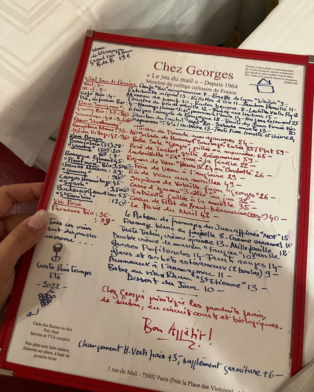 The completely hand-written original menu at Chez Georges