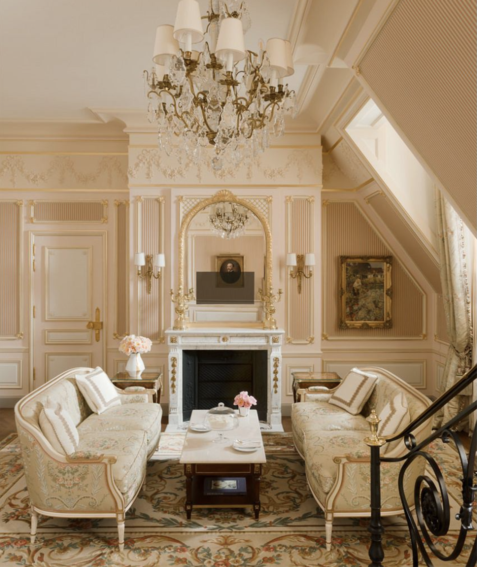 The living area of Suite César Ritz at Ritz Paris with antique sofas upholstered with patterned silk fabric sitting in front of a grand fireplace, gilt mirror and ornately molded walls in a cream and pale pink scheme